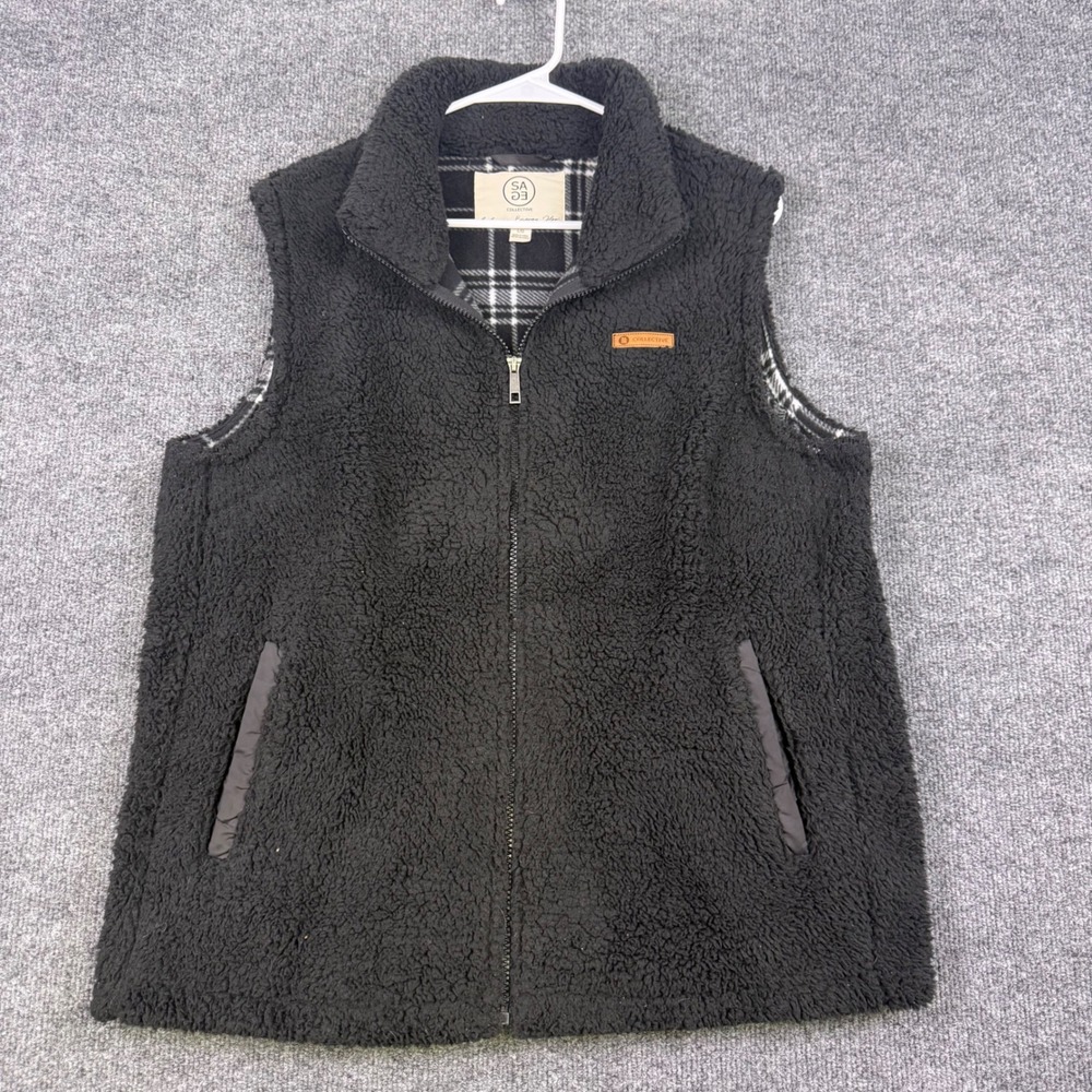 Sage Collective Mens Black Sherpa Fleece Vest Plaid Lined Full Zip Large 1780562